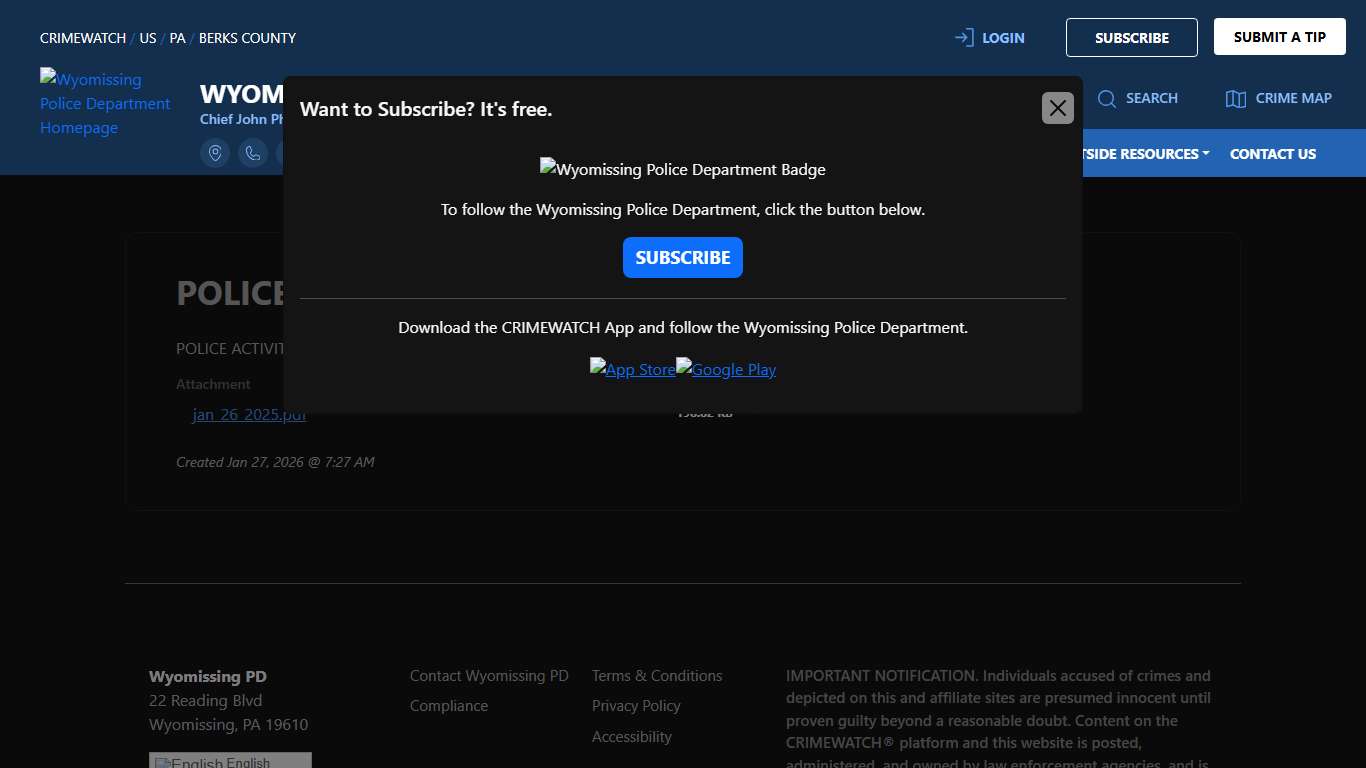 POLICE ACTIVITY JANUARY 26, 2026!!! Wyomissing Police Department